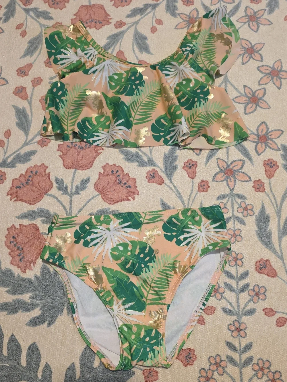 Disney Peach, Gold,  and Green Tropical Leaf Ruffle Bikini